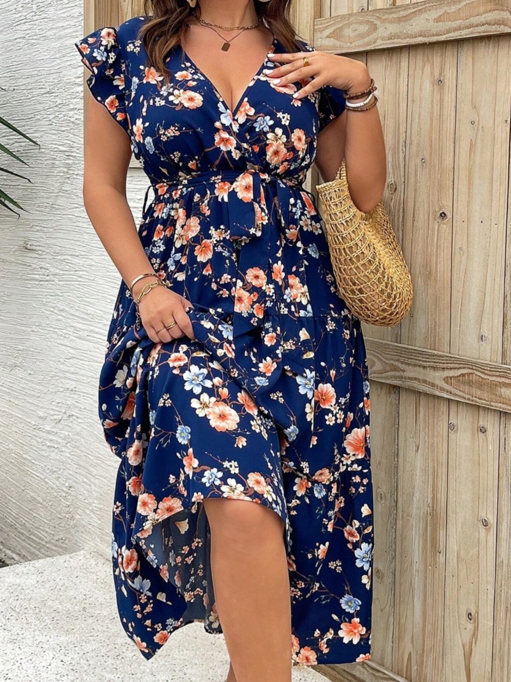 Plus Floral print V neck Ruffle cap sleeve maxi Dress - Picture 2 of 4